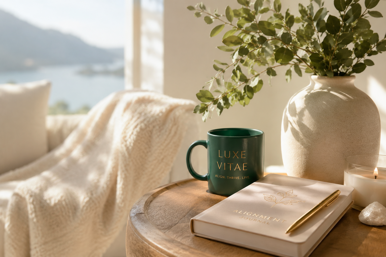 Mug with 'LUXE VITAE' on a table with a book and pen, next to a vase with greenery, in a cozy room.