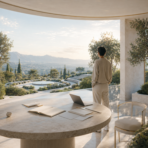 A man in a beige tracksuit stands with his back to the camera, looking out from a modern circular stone terrace overlooking a lush green valley and distant mountains. A round stone desk with a laptop, papers, and books sits in the foreground next to a gold-framed chair.