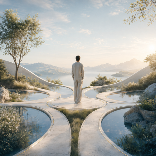 A man in a light beige outfit stands on a circular stone platform, facing a scenic mountain and lake landscape. The setting features curved stone walkways lined with water, surrounded by grass, shrubs, and trees under a soft golden sky.