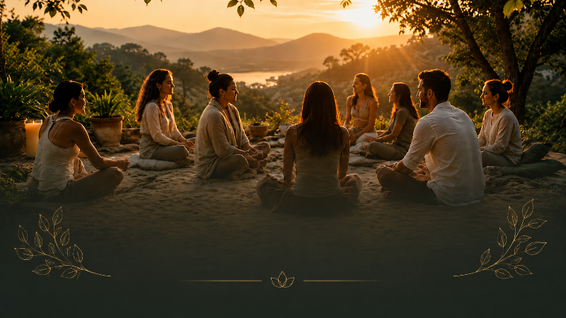 A group of people sitting cross-legged in a circle outdoors at sunset, with mountains and trees in the background. The scene is warmly lit, and there are decorative leaf motifs in the corners.