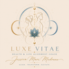 A square digital graphic featuring a symmetrical spiritual design with two human profile silhouettes, a blue lotus flower, crescent moons, and geometric lines on a beige background. Below the graphic, the text reads 'LUXE VITAE' with 'HEALTH & LIFE ALIGNMENT COACH' and the name 'Jessica Mari Medrano' in elegant typography.