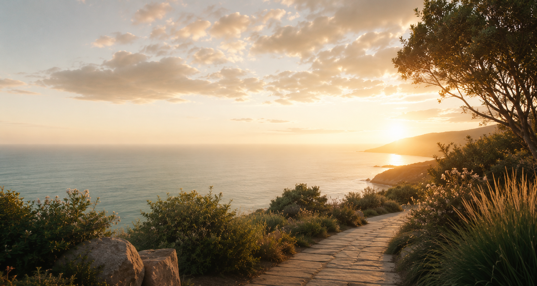 A scenic coastal sunset with a stone path winding through green shrubs toward the ocean, under a glowing golden sky with scattered clouds.
