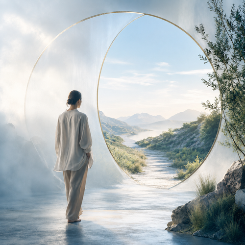 A person in loose light beige clothing stands with their back to the camera, facing a large circular architectural opening that frames a misty mountain valley landscape. The scene is softly lit with mist and natural light, with rocks and sparse vegetation visible at the right edge.