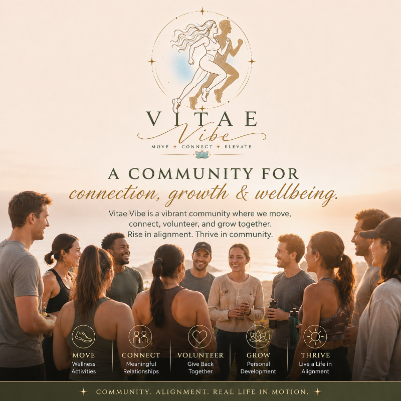Promotional graphic for Vitae Vibe, showing a group of people standing outdoors at sunset with the company logo and tagline above them. The text reads 'A COMMUNITY FOR connection, growth & wellbeing' and includes icons for Move, Connect, Volunteer, Grow, and Thrive.