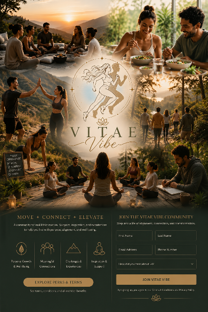 A promotional collage for a community or platform with the large text 'VITAIE Vibe' in the center, surrounded by people dining, yoga, and socializing outdoors. The lower portion contains form fields and call-to-action buttons on a dark teal background.