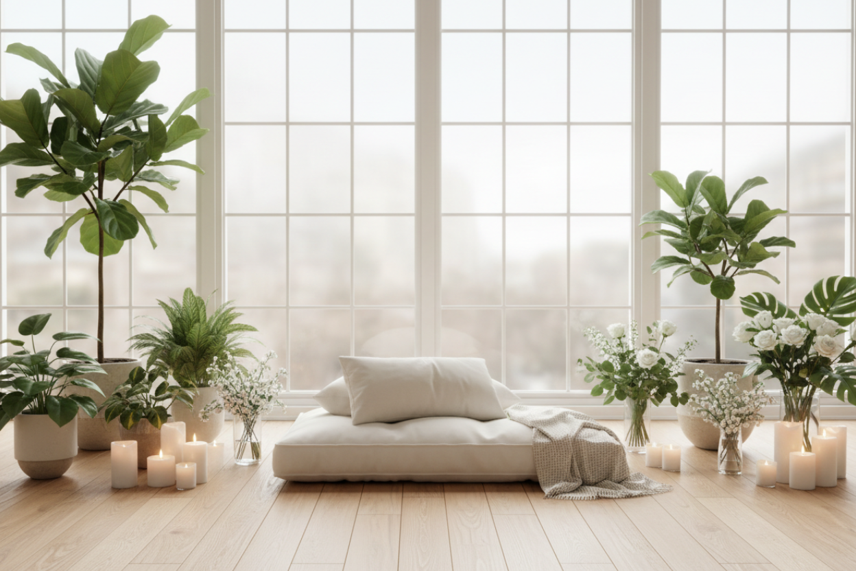 Modern living room with large windows, plants, and a white sofa.