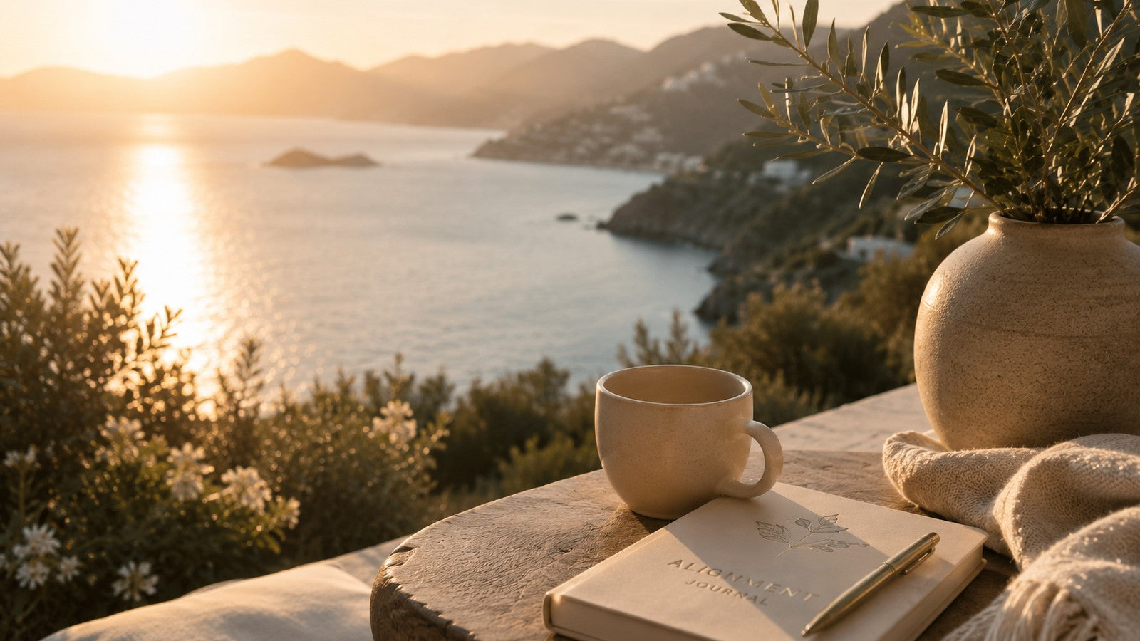 A cozy outdoor scene overlooking a sea and mountains at sunset, with a beige ceramic mug, an open notebook, a pen, a knitted throw blanket, and a potted olive branch on a stone table.