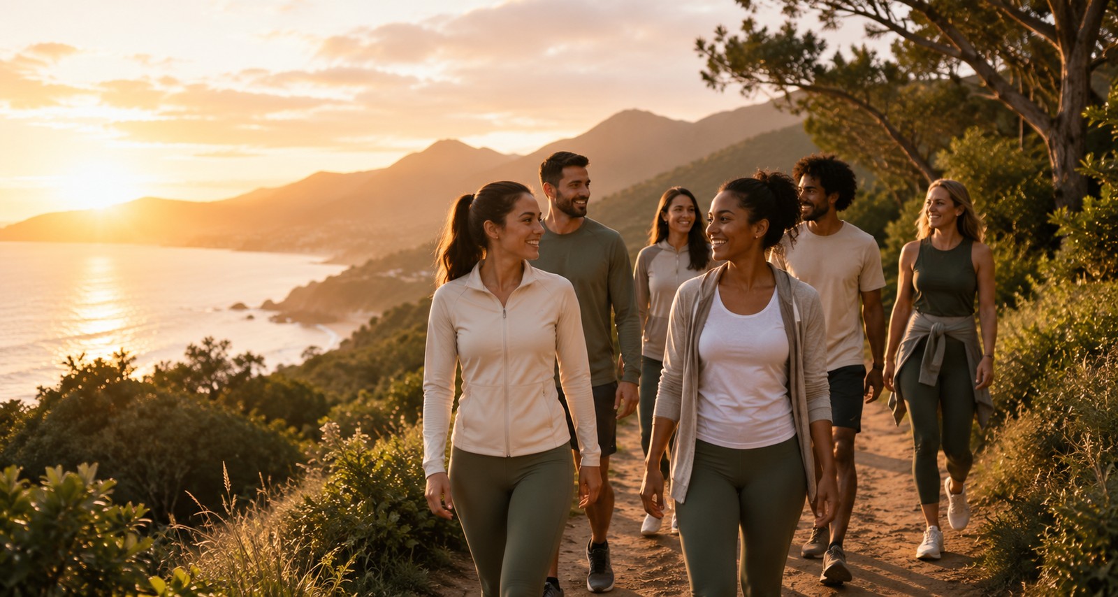 A group of six people walking together on a scenic coastal trail during a golden sunset, wearing matching athletic activewear sets.